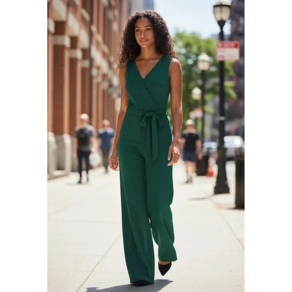 Calvin Klein Women's Green Sleeveless V-Neck Wide Leg Jumpsuit Size 4 Career - Picture 1 of 13